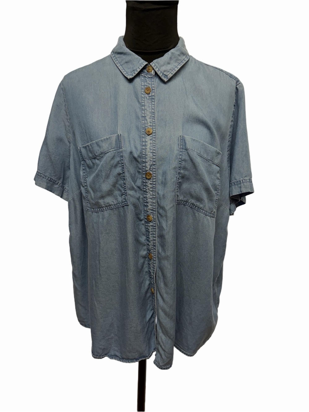 Terra & Sky 0X 14W Chambray Button Front Shirt Short Sleeve Utility Top Blue